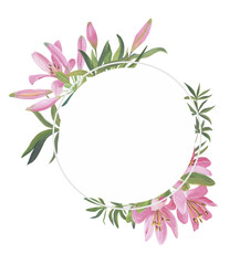 Round frame of pink lily flowers