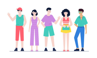 Young summer people standing, vector colorful characters