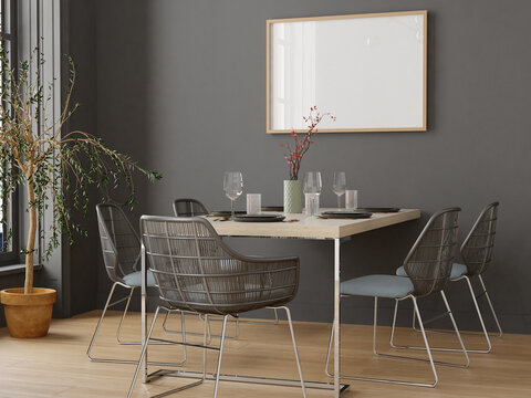Wall mockup poster art in living room interior with flower chairs and table. 3d render