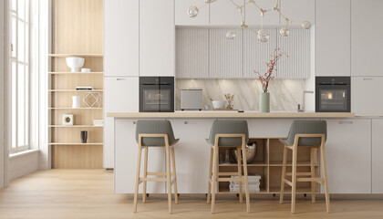 Modern interior of white kitchen with living room. 3d render - obrazy, fototapety, plakaty