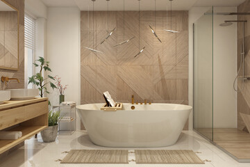 Modern bathroom interior with wooden decor in eco style. 3D Render	