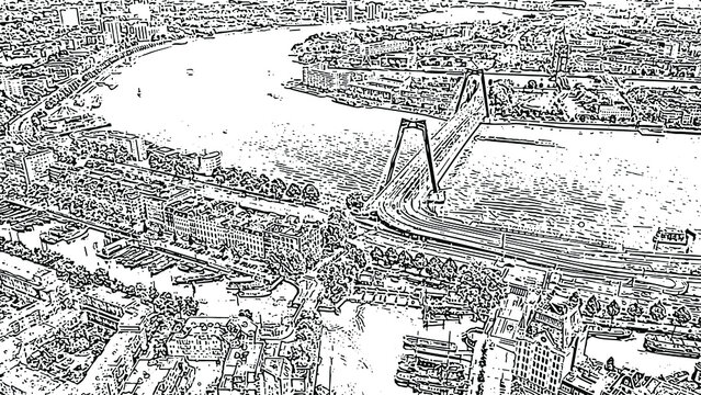 Rotterdam, Netherlands. Williamsburg Suspension Bridge Over The Nieuwe Maas River. Doodle Sketch Style. Aerial View