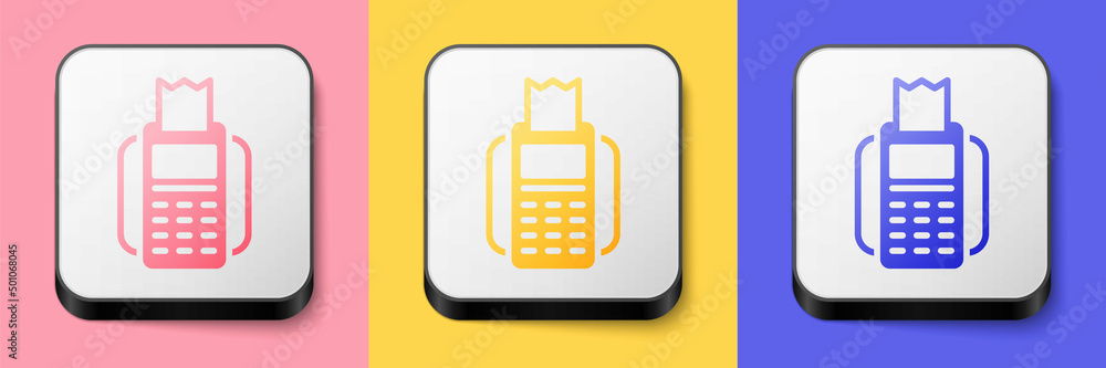 Poster isometric pos terminal with inserted credit card and printed reciept icon isolated on pink, yellow a