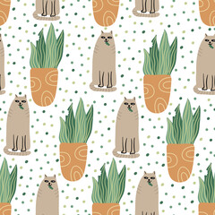 Funny cats and houseplants seamless pattern on white. Hand drawn flat vector illustration. Potted plants and pets. Great for fabrics, wrapping papers, wallpapers, covers.