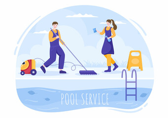Swimming Pool Service Worker with Broom, Vacuum Cleaner or Net for Maintenance and Cleaning of Dirt in Flat Cartoon Illustration
