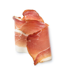Sliced schwarzwald ham. Dried prosciutto ham isolated on white background.
