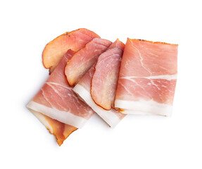 Sliced schwarzwald ham. Dried prosciutto ham isolated on white background.