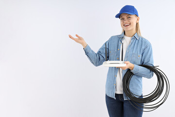 Concept of occupation, young woman on white background