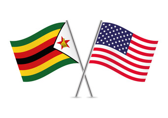 The Republic of Zimbabwe and America crossed flags. Zimbabwean and American flags on white background. Vector icon set. Vector illustration. - obrazy, fototapety, plakaty