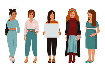 Obraz premium Five young girls in different fashionable outfits