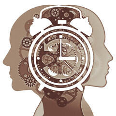 A Male and Female side back-to-back profile overlaid with various sized transparent gears. Positioned centrally is a large alarm clock with a translucent reversing gear detail.