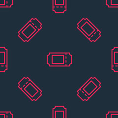 Red line Cinema ticket icon isolated seamless pattern on black background. Vector