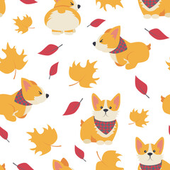 Pattern cute red dogs and autumn leaves