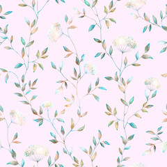 Vintage faded floral seamless pattern on pastel pink background. Pastel color flowers, leaves botanical repeat print. Retro elegant design.