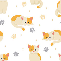 Pattern cute cats with red spots and footprints