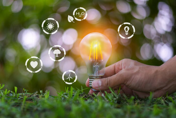 Hand holding light bulb in nature on green background for energy concept.