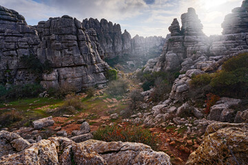 Torcal de Antequera, sunset landscape in Spain, Europe. Rock towers mountain in the nature, evening...