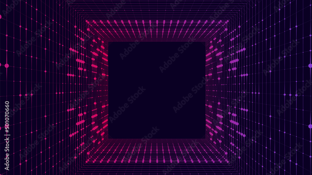 Poster technology wireframe square tunnel on dark background. futuristic 3d wormhole grid. digital dynamic 