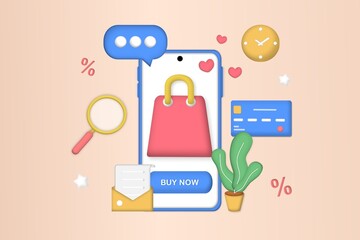 Online shopping on mobile smart phone. Big sale, special discount, social advertising. Mobile and digital marketing. 3D vector illustration for graphic element, sign, symbol. Minimalist style cartoon.