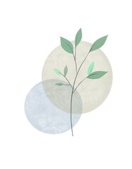 Lоgо watercolor branch with leaves on a background of circles. Abstraction. Priroshda. Logo, poster, design