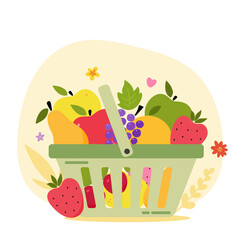 Green supermarket shopping basket full of fruits. Grocery store. Cartoons style vector