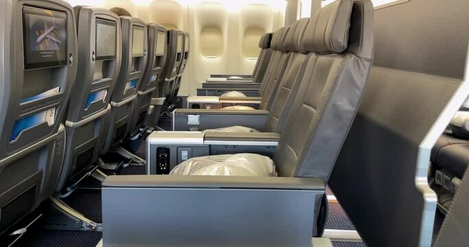 Interior Of An Airplane, Aisles In Premium Economy 