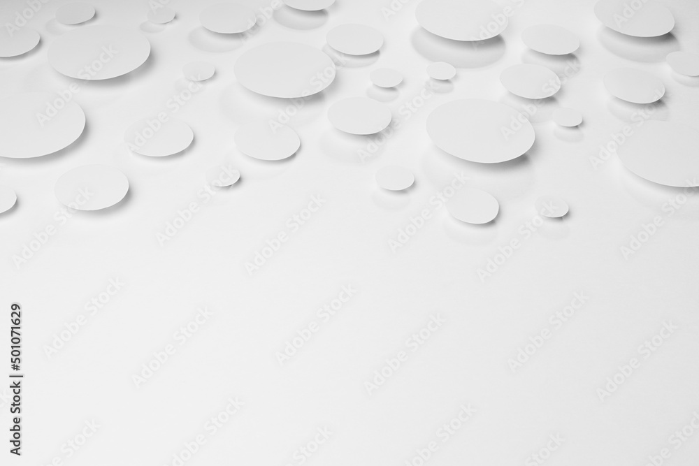 Poster geometric pattern of white ovals in shine light with soft shadows in random,, border, copy space, to