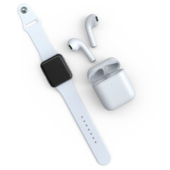 Stainless smart watch or fitness tracker and wireless headphones on white.