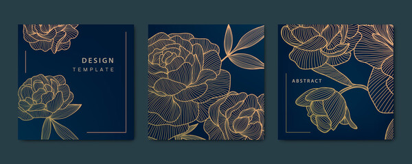 Vector artdeco luxury flower line pattern, golden background. Hand drawn peonies for packaging, social media post, cards, banners. Square shape. - obrazy, fototapety, plakaty