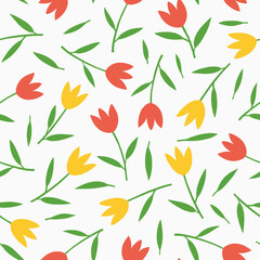 Decorative botanical seamless background with red and yellow tulips on a white background Limited bright colors