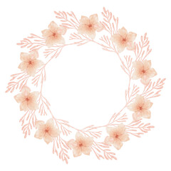 Watercolor boho floral wreath. Dried flowers and plants circle arrangement. Pink color. Design element for Bohemian card making. Isolated on white background.