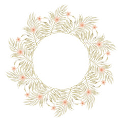 Watercolor boho floral wreath. Dried flower and leaf. Circle arrangement. Design element for Bohemian card making. Isolated on white background.