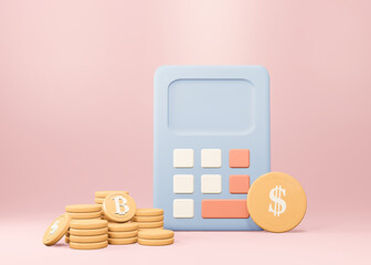 Financial icon concept. money management, financial planning, calculating financial risk, calculator with coins stack on pink background. 3d render illustration - obrazy, fototapety, plakaty