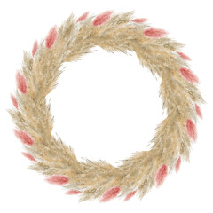 Watercolor boho wreath. Dried pampass grass. Circle arrangement. Design element for Bohemian card making. Isolated on white background.