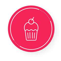 White line Muffin icon isolated on white background. Red circle button. Vector
