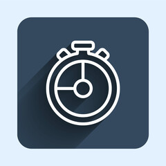 White line Stopwatch icon isolated with long shadow background. Time timer sign. Chronometer sign. Blue square button. Vector