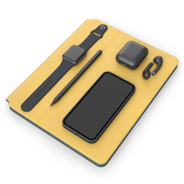 Computer tablet with stylus, smartwatch, phone and headphone on white background