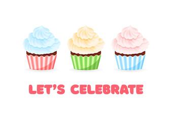 Happy Birthday card with cupcakes. Cartoon illustration of sweet muffins decorated with sprinkles and berries. Vector 10 EPS.