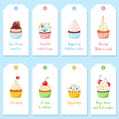 Set of cute birthday gift tags. Illustrations of sweet muffins decorated with sprinkles, cherries and candles. Vector 10 EPS.