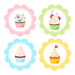 Set of cute birthday cupcake toppers. Illustrations of sweet muffins decorated with cream, pearl sprinkles and mermaid tails. Vector 10 EPS.