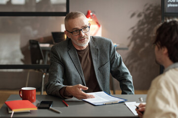 Mature businessman in eyeglasses discussing work experience in resume with candidate during job...