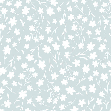 Ditsy Flower Hand Drawn White On Blue Vector Seamless Pattern. Liberty Inspired Petite Floral Ditsy Print. Retro 60s 70s Bloomy Calico Background For Fashion Fabric Or Home Textile.