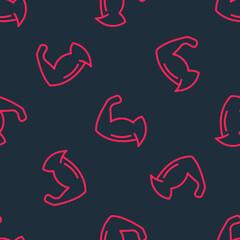 Red line Bodybuilder showing his muscles icon isolated seamless pattern on black background. Fit fitness strength health hobby concept. Vector