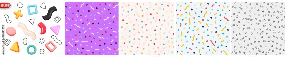 Poster set of abstract memphis background. patterns seamless with realistic 3d geometric design elements. c