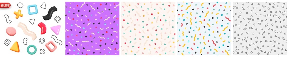 Set of Abstract Memphis background. Patterns seamless with realistic 3d geometric design elements. Collection of covers cards. vector illustration