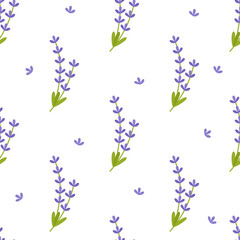 Seamless pattern of lavender twigs of lilac color. Beautiful flowers. Vector background for printing on paper, packaging, textiles, fabric, clothing. For designer decor.