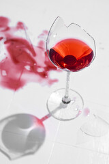 Broken glass with red wine on a table with white tiles