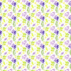 seamless watercolor pattern of stylized colorful flowers and herbs on a white background.
