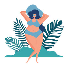 Beautiful girl in a hat, blue swimsuit is sunbathing. Flat style. Abstract plants in flat style. vector illustration. Beautiful, bright colors. Vector illustration.