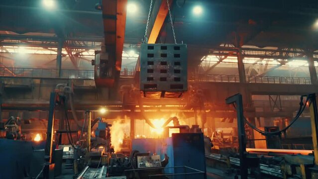 Metal casting in metallurgical plant or factory. Process of melting and forming production of iron pipes in industrial machines in workshop.